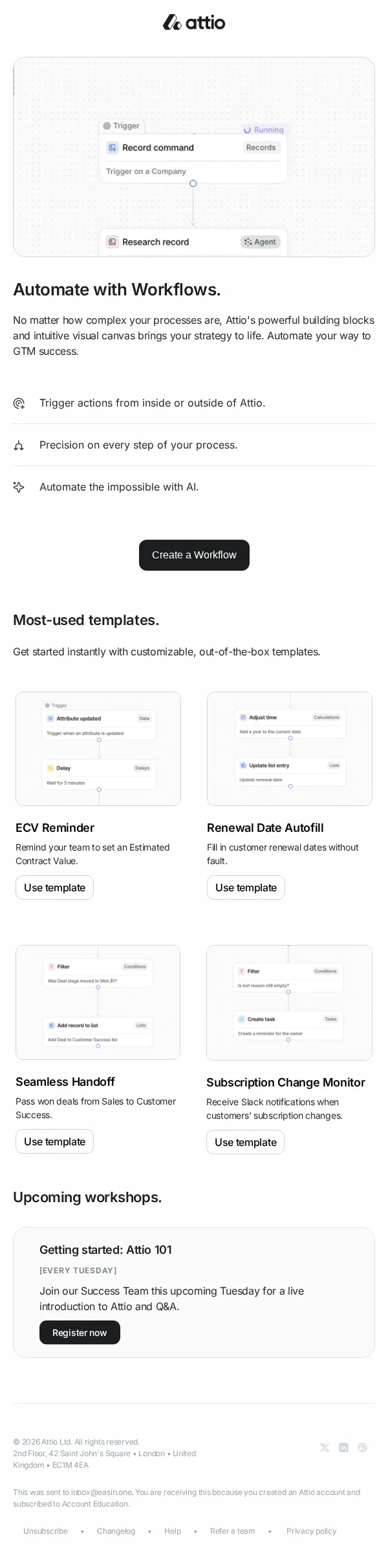 'Attio automations (3/6)' email demonstrating template-driven workflows with product UI and a single call to action.