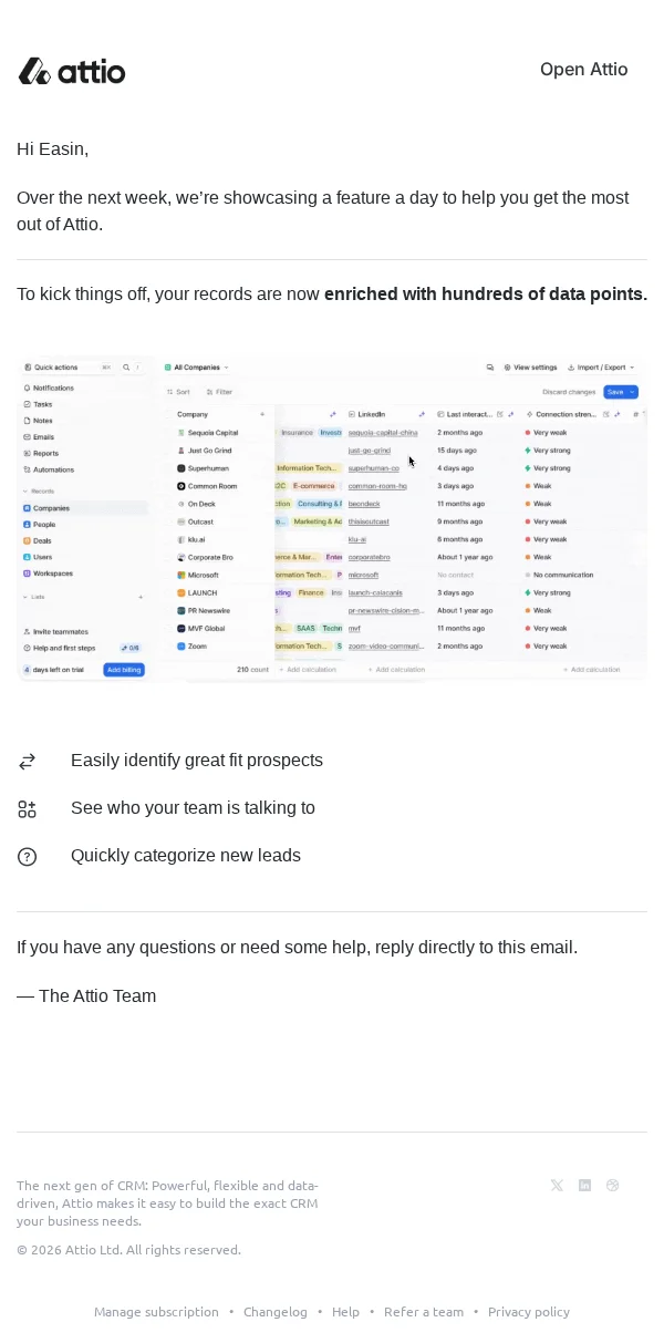 'Getting started with Attio (1/6)' onboarding email orienting the user to the first task.
