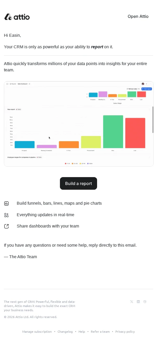 Reports email: a colorful bar-chart dashboard screenshot and a 'Build a report' button.