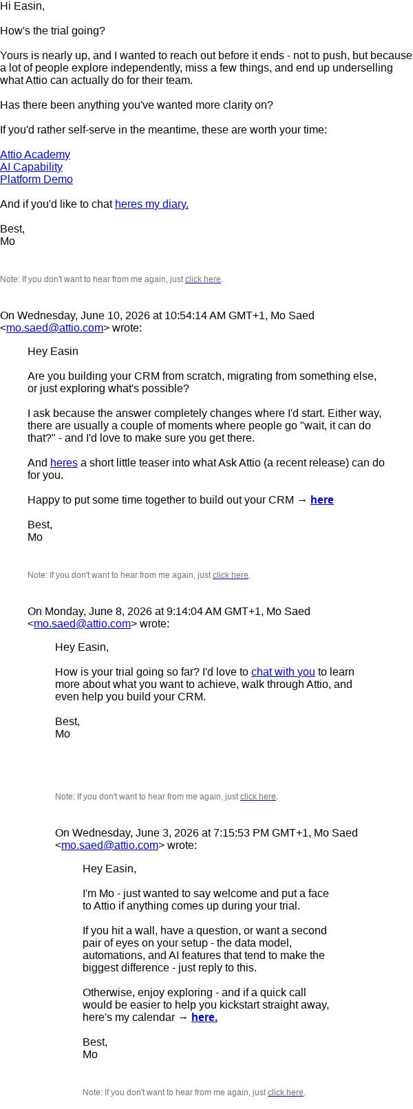 A plain, reply-style 'Re: Welcome to Attio' follow-up email that looks personally typed, offering to book a call.