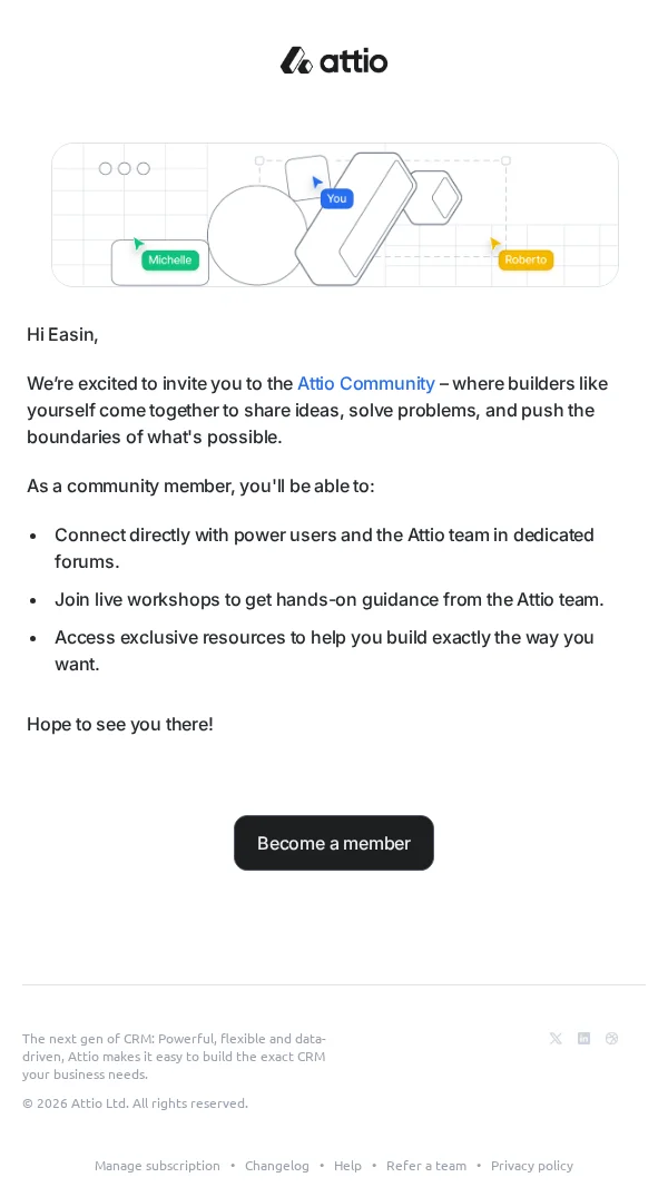 'You're invited: Join the Attio Community' email inviting the user into a peer forum.